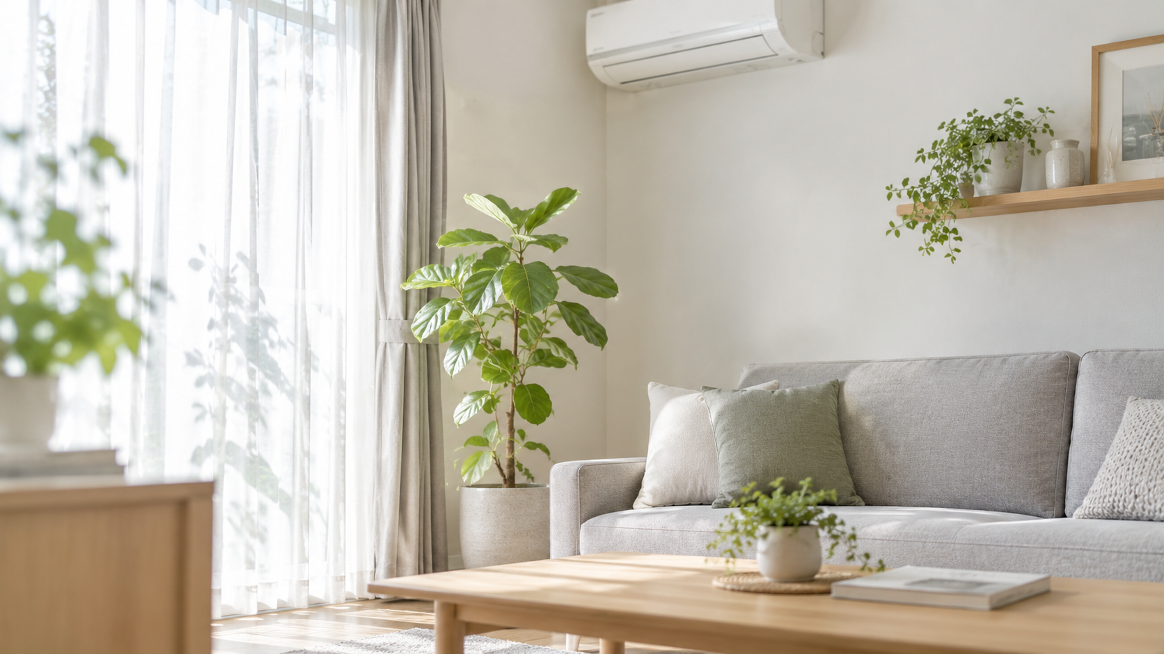 観葉植物が置かれた、やわらかな自然光の入る清潔なリビング